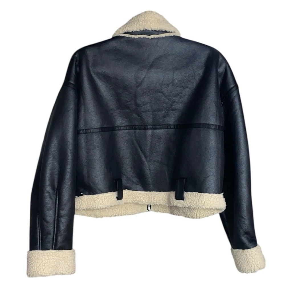 NWOT Black/Tan Faux Leather Faux Fur Crop Jacket, Size XL (Fits like a M/L) - Picture 5 of 6